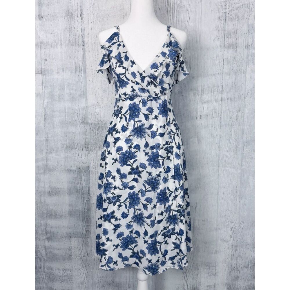Lulus White Blue Floral Dress Off Shoulder&Adjustable Strap Women Sz XS Made USA